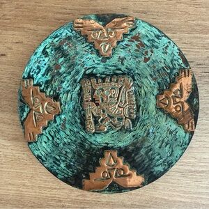 Vintage Mid Century Copper Aztec Style Wall Plaque Verdigris Patina 6”